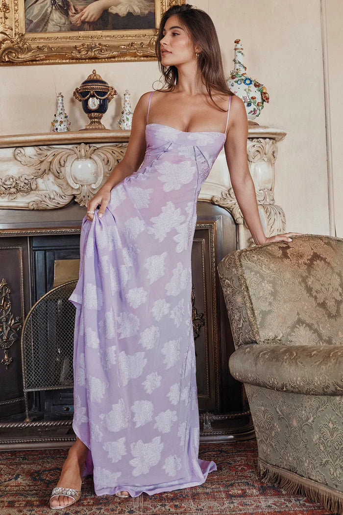 Purple Floral Lame Maxi Dress with Lace-Up Back