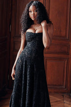 Black Floral Lame Maxi Dress with Lace-Up Back
