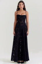 Black Floral Lame Maxi Dress with Lace-Up Back