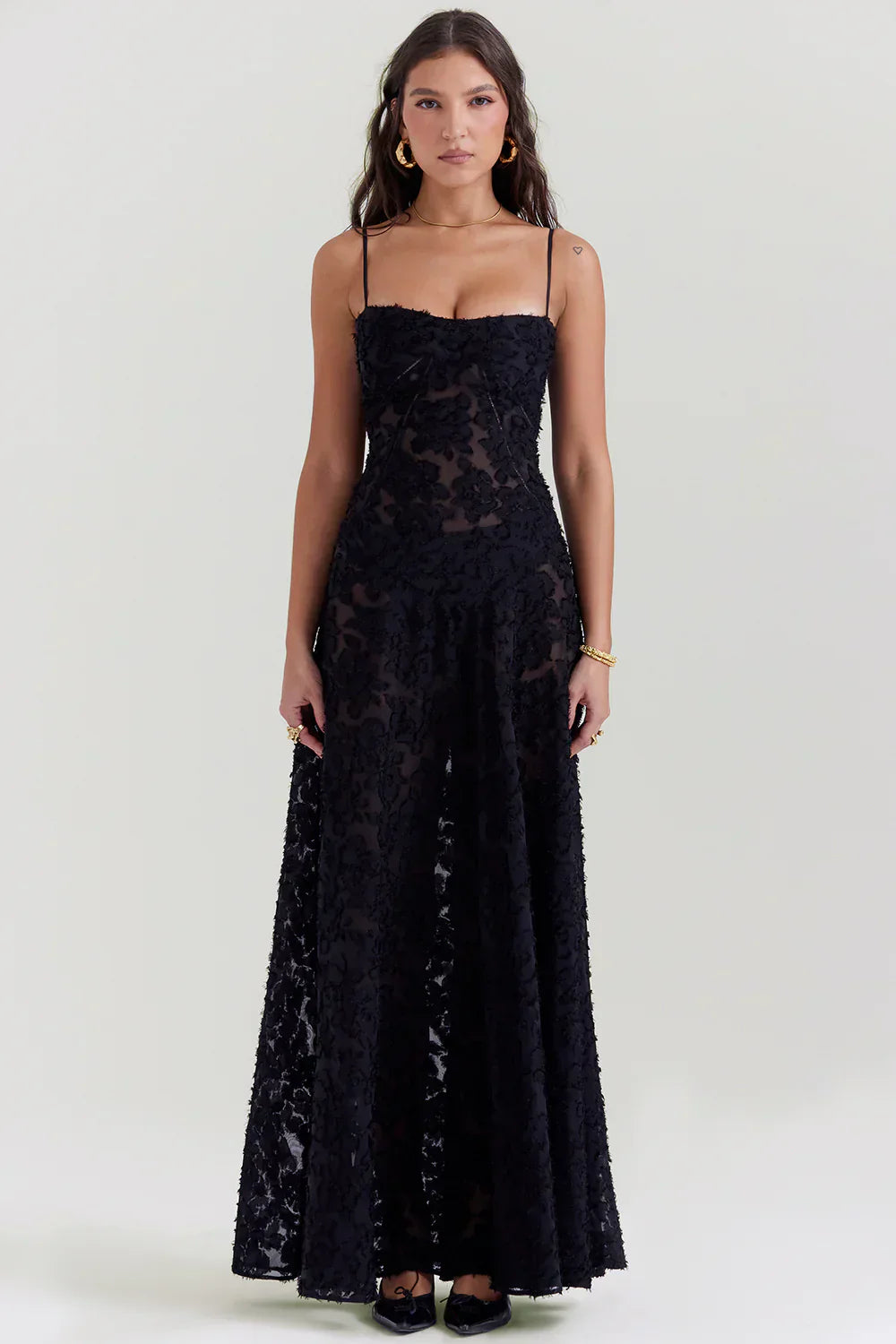 Black Floral Lame Maxi Dress with Lace-Up Back