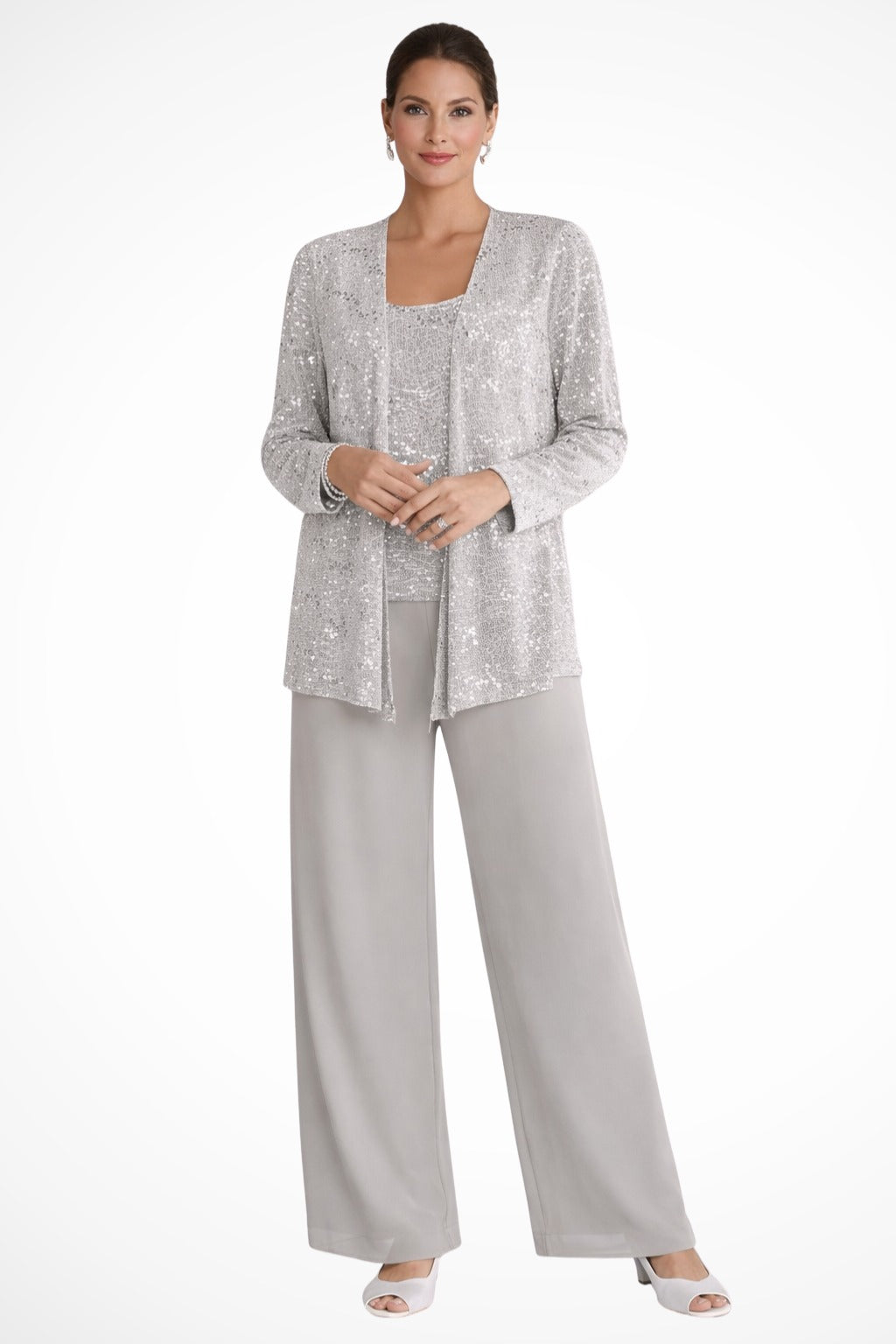 Women's Sequin Lace Three-Piece Suit with Wide-Leg Trousers
