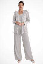 Women's Sequin Lace Three-Piece Suit with Wide-Leg Trousers