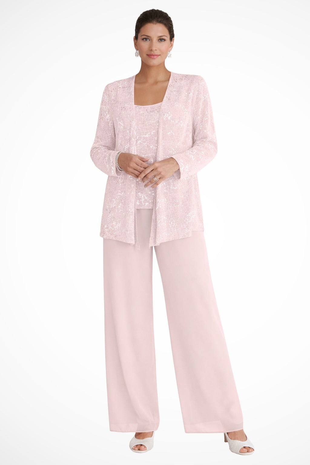 Women's Sequin Lace Three-Piece Suit with Wide-Leg Trousers