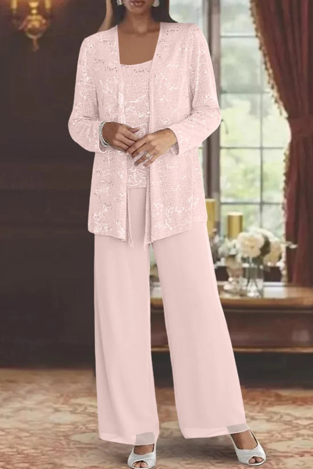 Women's Sequin Lace Three-Piece Suit with Wide-Leg Trousers