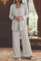 Women's Sequin Lace Three-Piece Suit with Wide-Leg Trousers