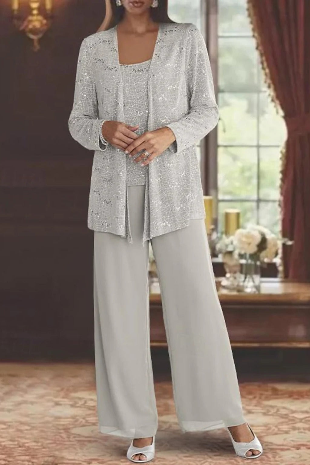 Women's Sequin Lace Three-Piece Suit with Wide-Leg Trousers