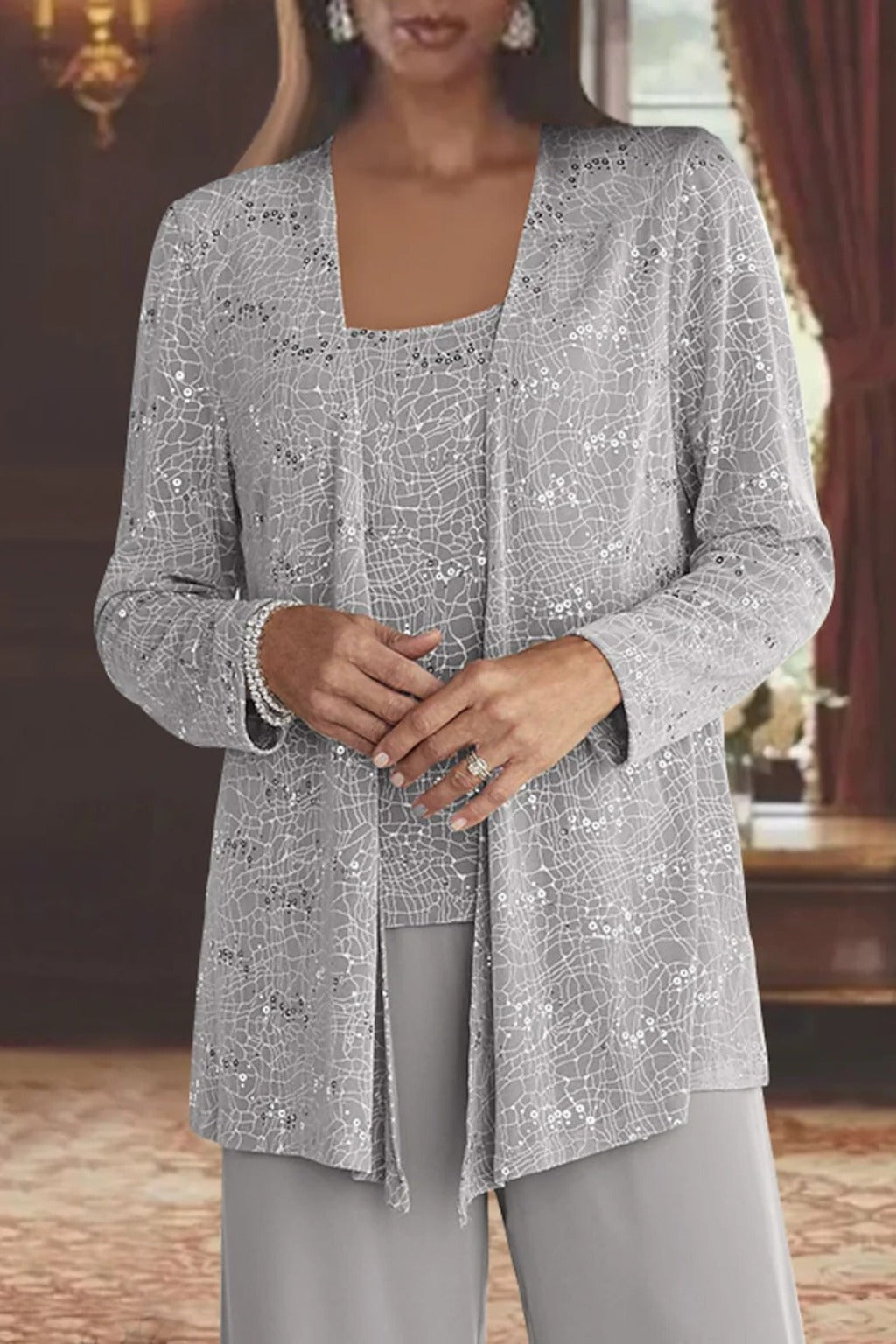 Women's Sequin Lace Three-Piece Suit with Wide-Leg Trousers