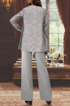 Women's Sequin Lace Three-Piece Suit with Wide-Leg Trousers