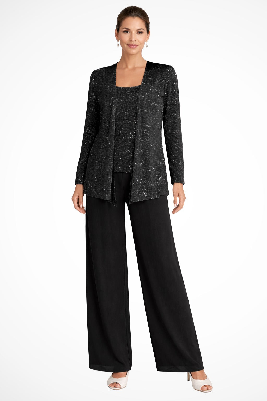 Women's Sequin Lace Three-Piece Suit with Wide-Leg Trousers