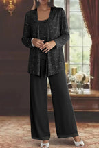 Women's Sequin Lace Three-Piece Suit with Wide-Leg Trousers