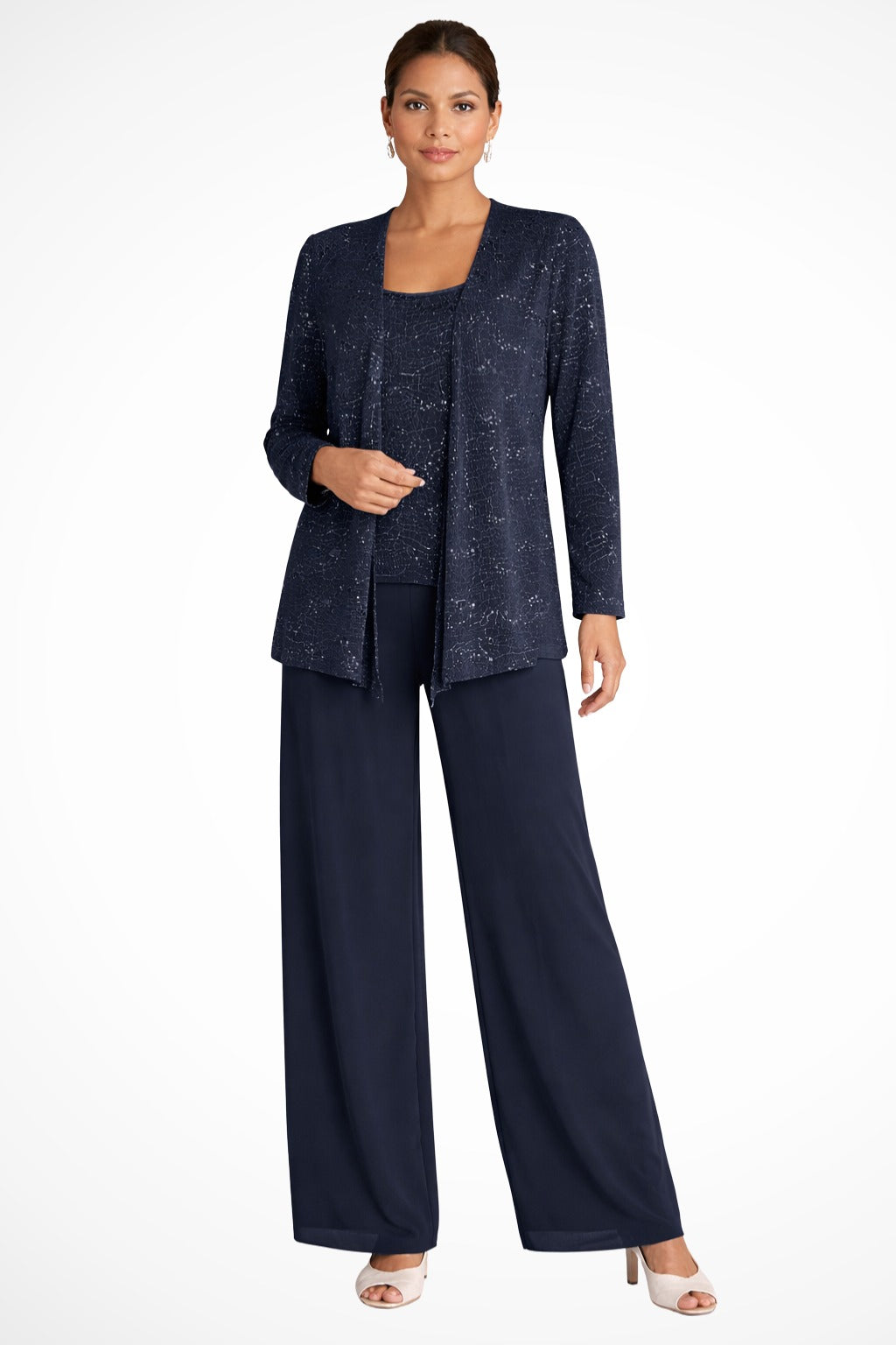 Women's Sequin Lace Three-Piece Suit with Wide-Leg Trousers