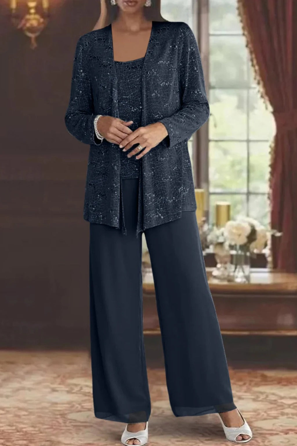 Women's Sequin Lace Three-Piece Suit with Wide-Leg Trousers