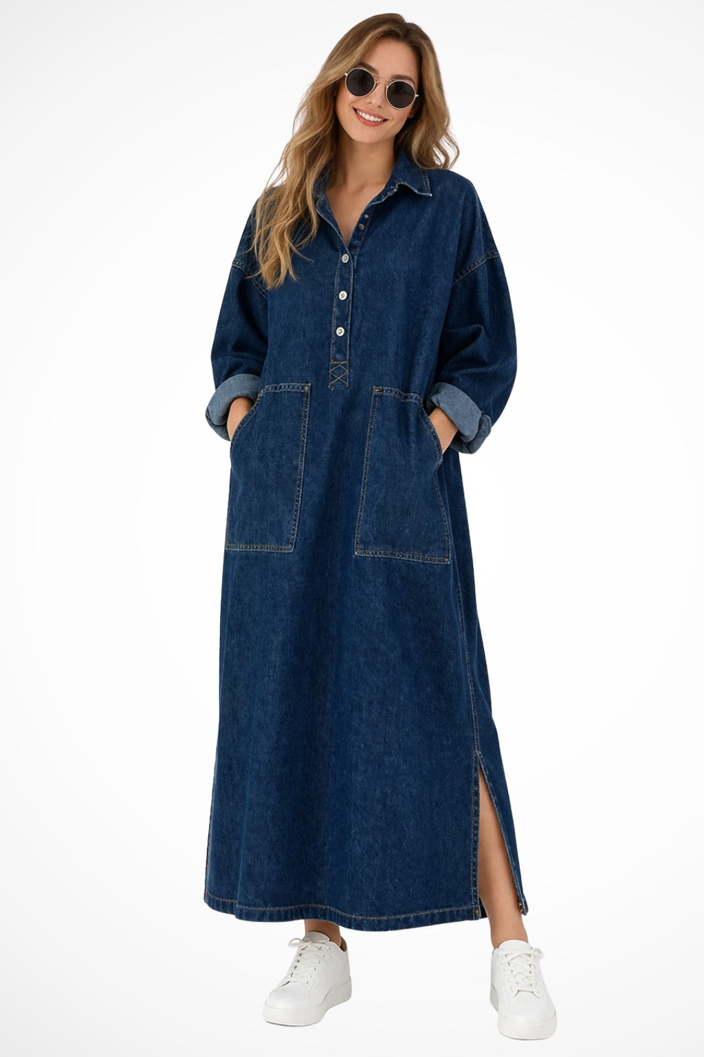 Women's Oversized Denim Maxi Dress with Patch Pockets