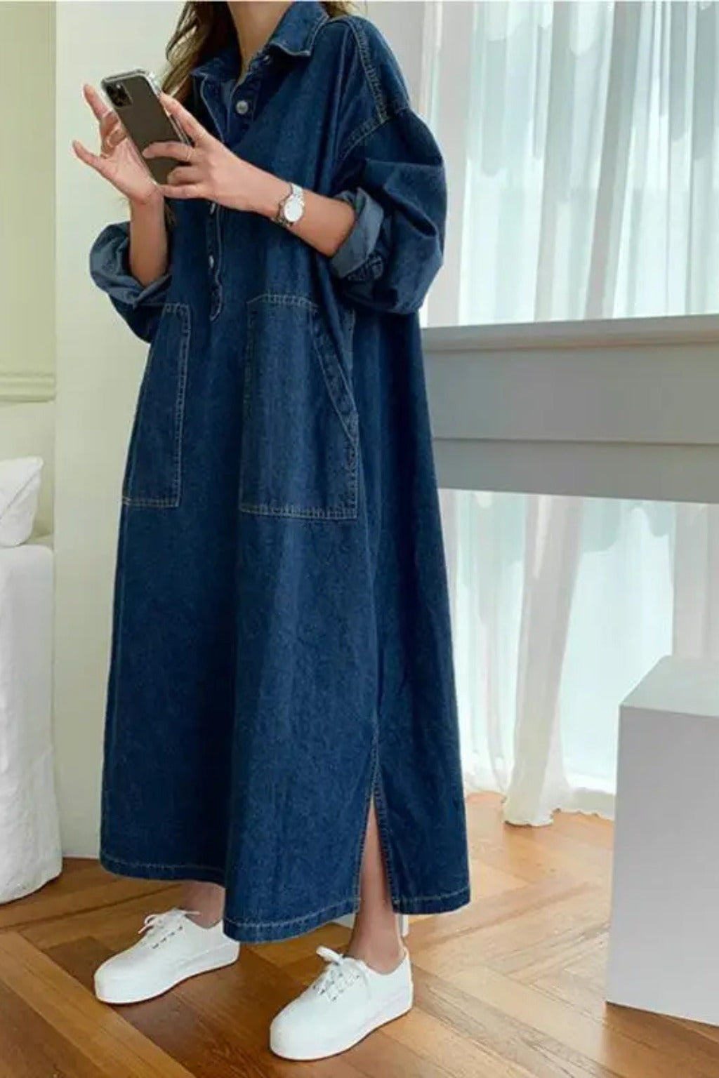 Women's Oversized Denim Maxi Dress with Patch Pockets