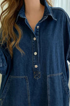 Women's Oversized Denim Maxi Dress with Patch Pockets