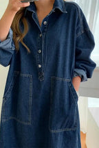 Women's Oversized Denim Maxi Dress with Patch Pockets
