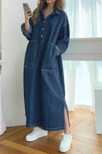 Women's Oversized Denim Maxi Dress with Patch Pockets
