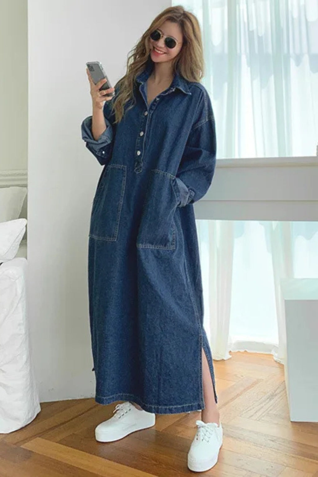 Women's Oversized Denim Maxi Dress with Patch Pockets