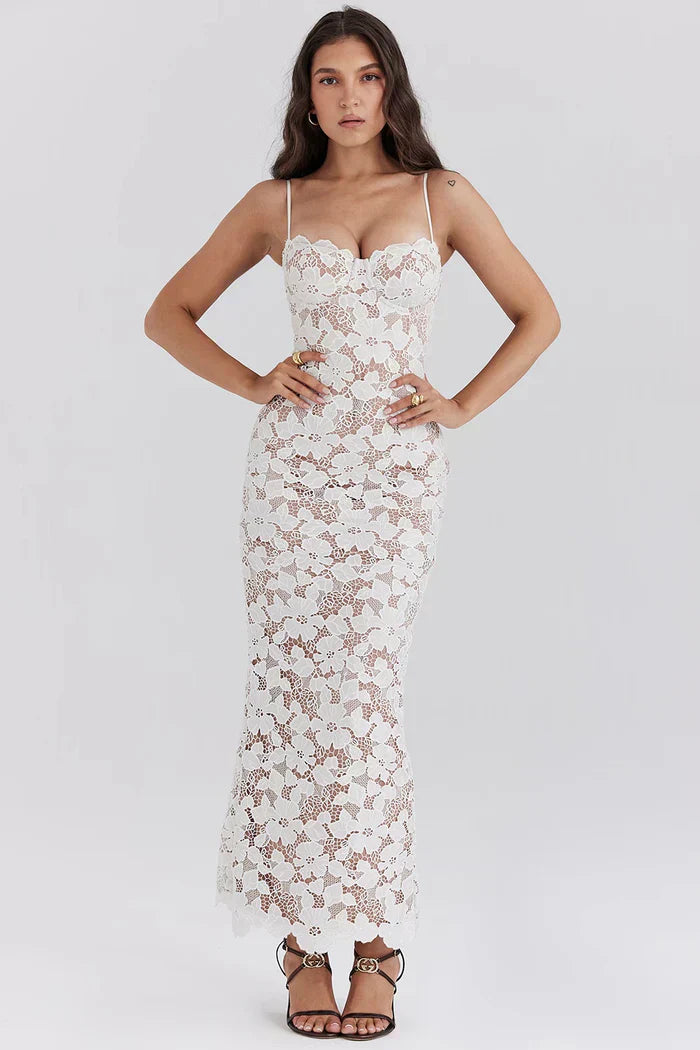 White Embroidered Maxi Dress with Lace Up Back