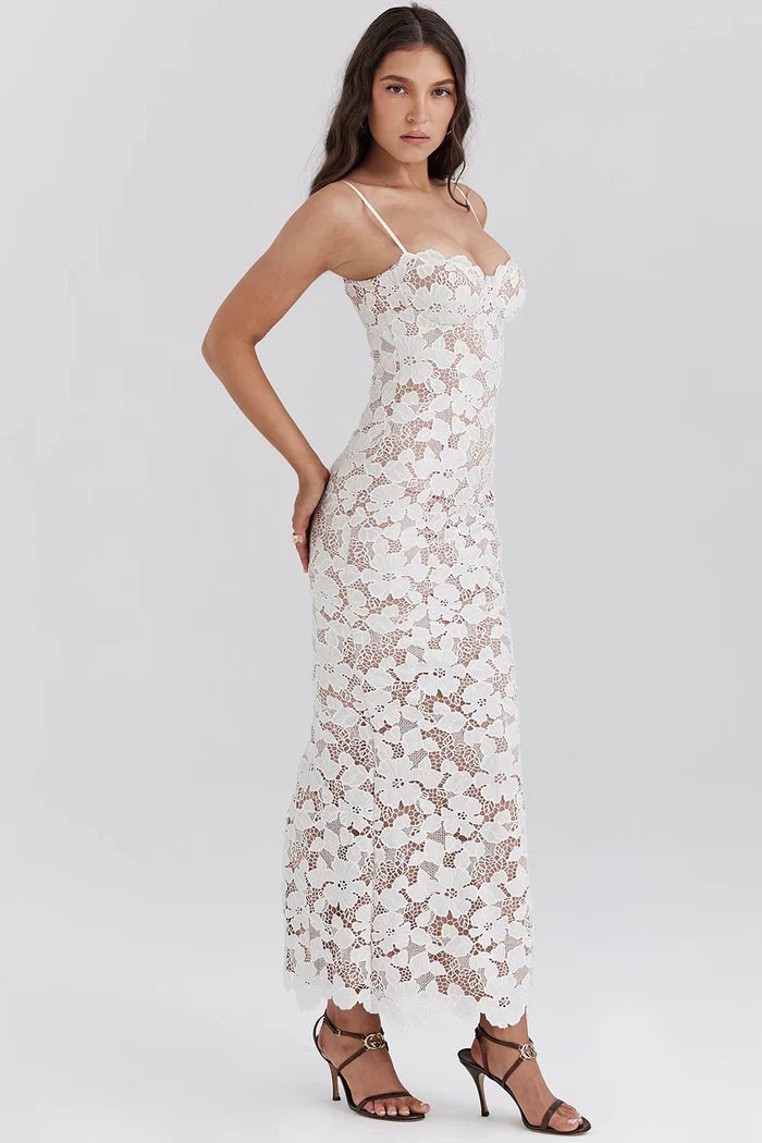 White Embroidered Maxi Dress with Lace Up Back