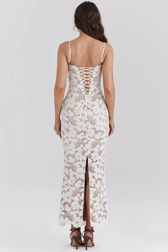 White Embroidered Maxi Dress with Lace Up Back