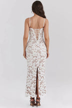 White Embroidered Maxi Dress with Lace Up Back