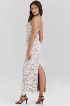 White Embroidered Maxi Dress with Lace Up Back