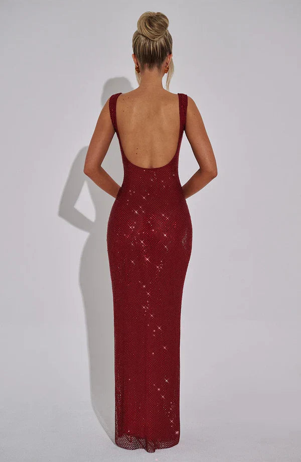 Rhinestone Embellished Maxi Dress in Red