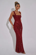 Rhinestone Embellished Maxi Dress in Red