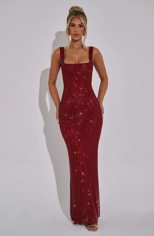 Rhinestone Embellished Maxi Dress in Red