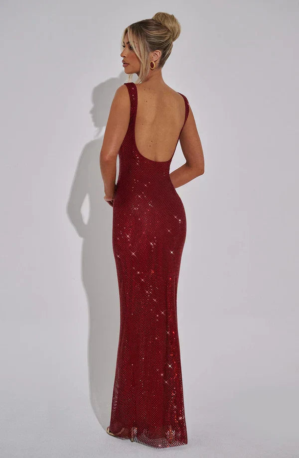 Rhinestone Embellished Maxi Dress in Red