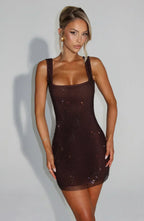 Brown Mini Bodycon Dress with Rhinestone Detail