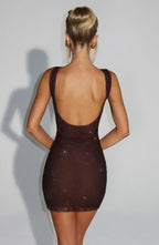 Brown Mini Bodycon Dress with Rhinestone Detail
