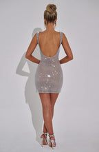 Silver Mini Dress – Square Neck – Rhinestone Detail – Sheer Mesh – Women’s Evening Style