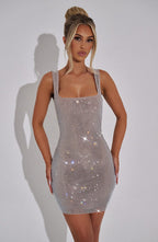 Silver Mini Dress – Square Neck – Rhinestone Detail – Sheer Mesh – Women’s Evening Style