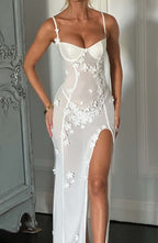White Floral Appliqué Maxi Dress with Slit Detail