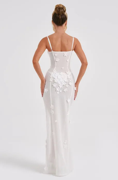 White Floral Appliqué Maxi Dress with Slit Detail