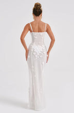 White Floral Appliqué Maxi Dress with Slit Detail
