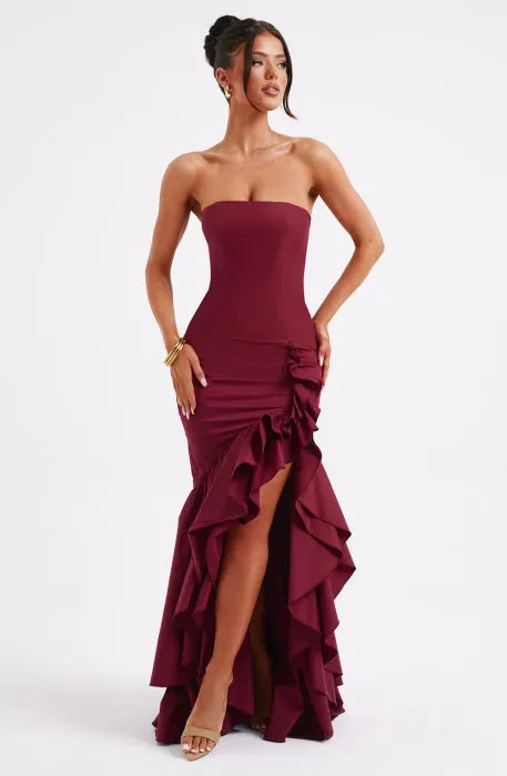 Red Strapless Maxi Dress with Thigh High Slit