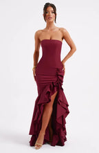 Red Strapless Maxi Dress with Thigh High Slit