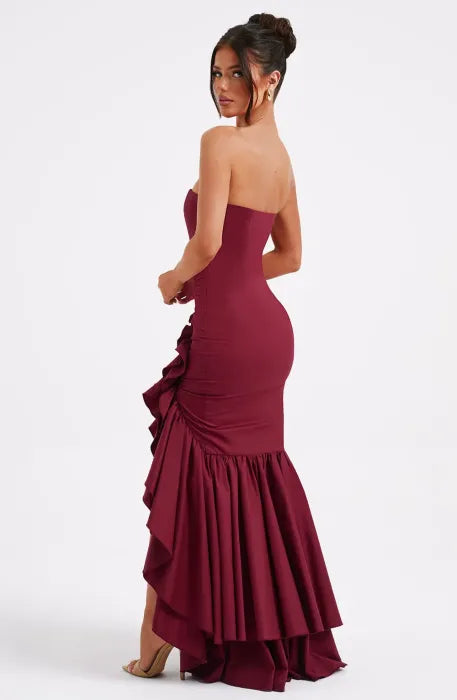 Red Strapless Maxi Dress with Thigh High Slit