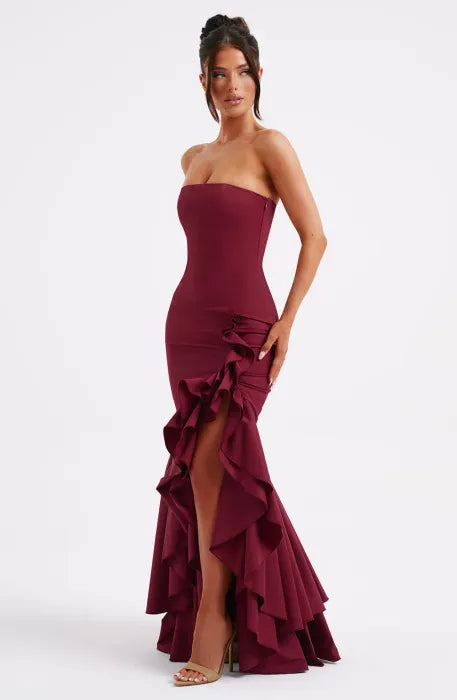 Red Strapless Maxi Dress with Thigh High Slit