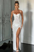 White Floral Appliqué Maxi Dress with Slit Detail