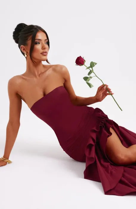 Red Strapless Maxi Dress with Thigh High Slit