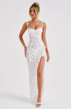 White Floral Appliqué Maxi Dress with Slit Detail