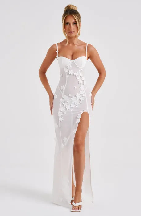White Floral Appliqué Maxi Dress with Slit Detail