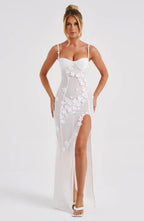 White Floral Appliqué Maxi Dress with Slit Detail