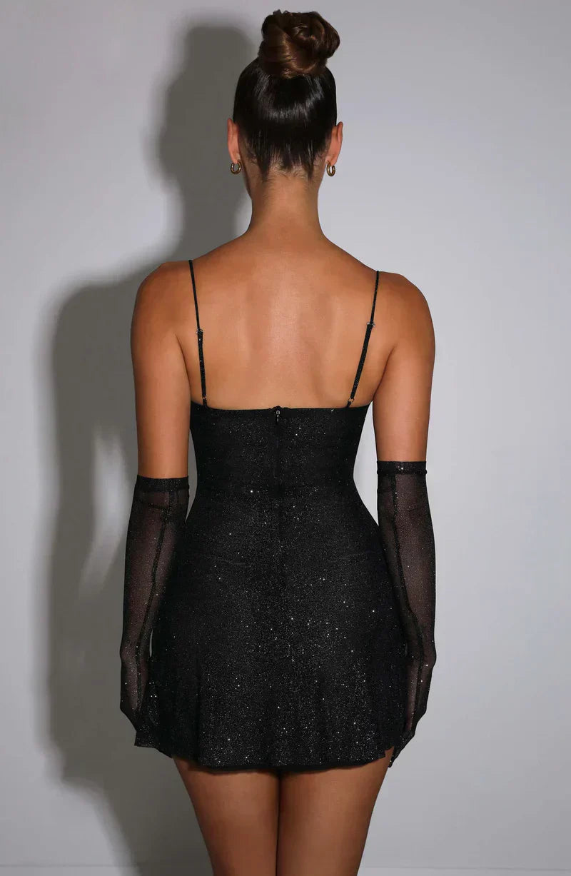Black Sparkle Mini Dress with Side Slit Bodycon Fit