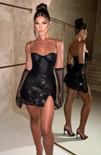 Black Satin Mini Dress with Ruched Bodice