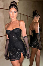 Black Sparkle Mini Dress with Side Slit Bodycon Fit